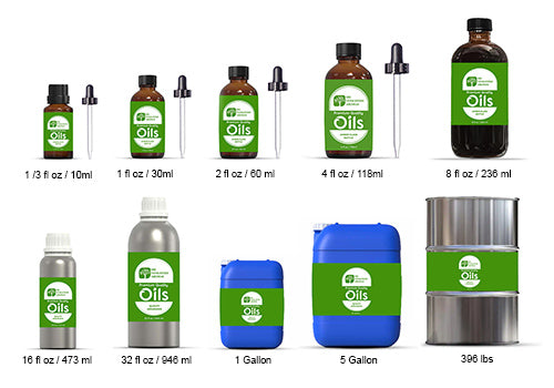 Various container sizes of essential oils in bulk by Sri Venkatesh Aromas, varying from 10ml to 396lbs
