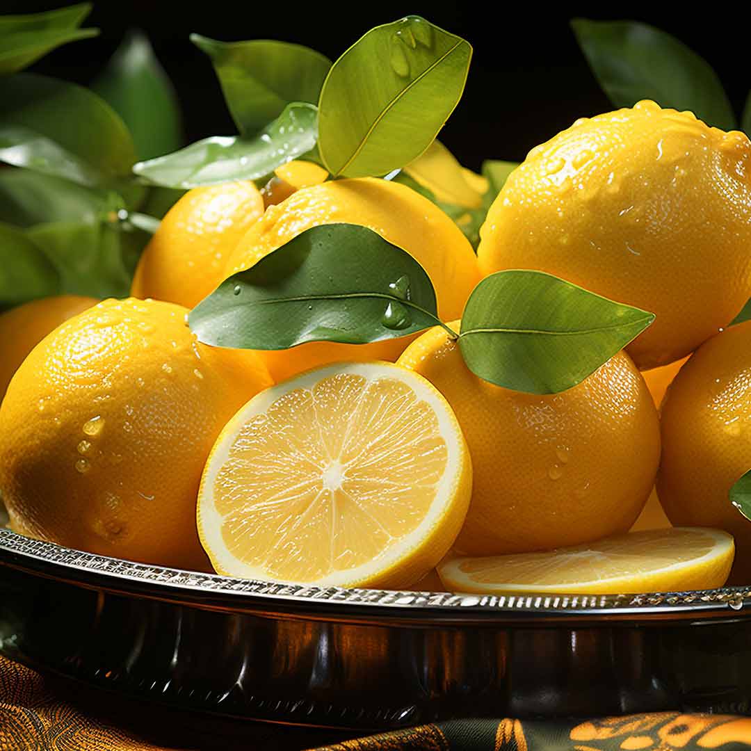 A collection of fresh juicy yellow lemons with leaves and some sliced lemons in a basket